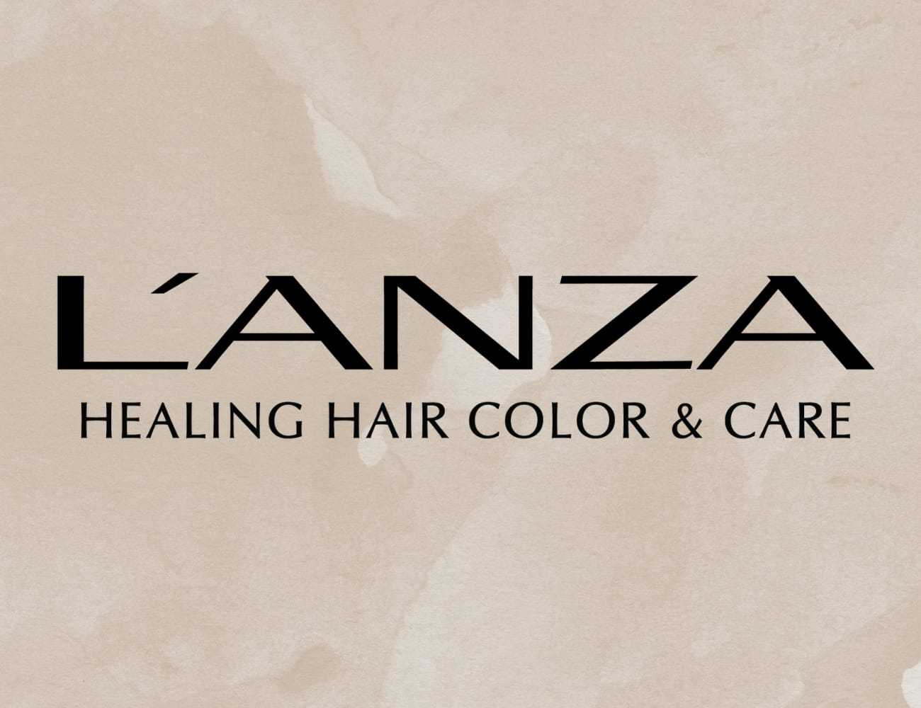 L'ANZA logo with tagline "Healing Hair Color & Care" on a beige textured background.